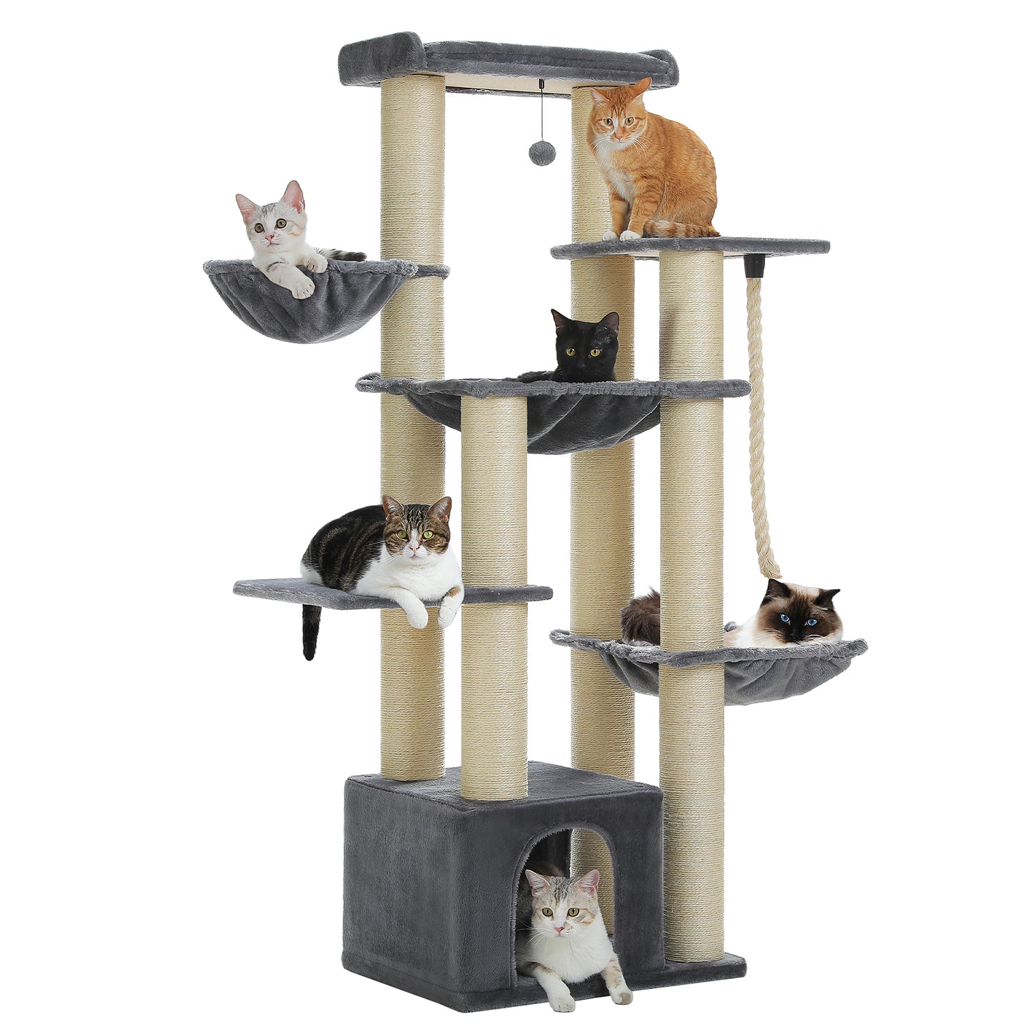 PawzRoad 169cm Multi-Level Cat Tree for Large Cats – Extra Thick Posts, XL Hammocks & Condo – Grey