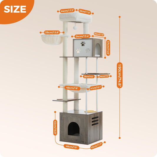 Measurement chart of a cat tree with dimensions labeled