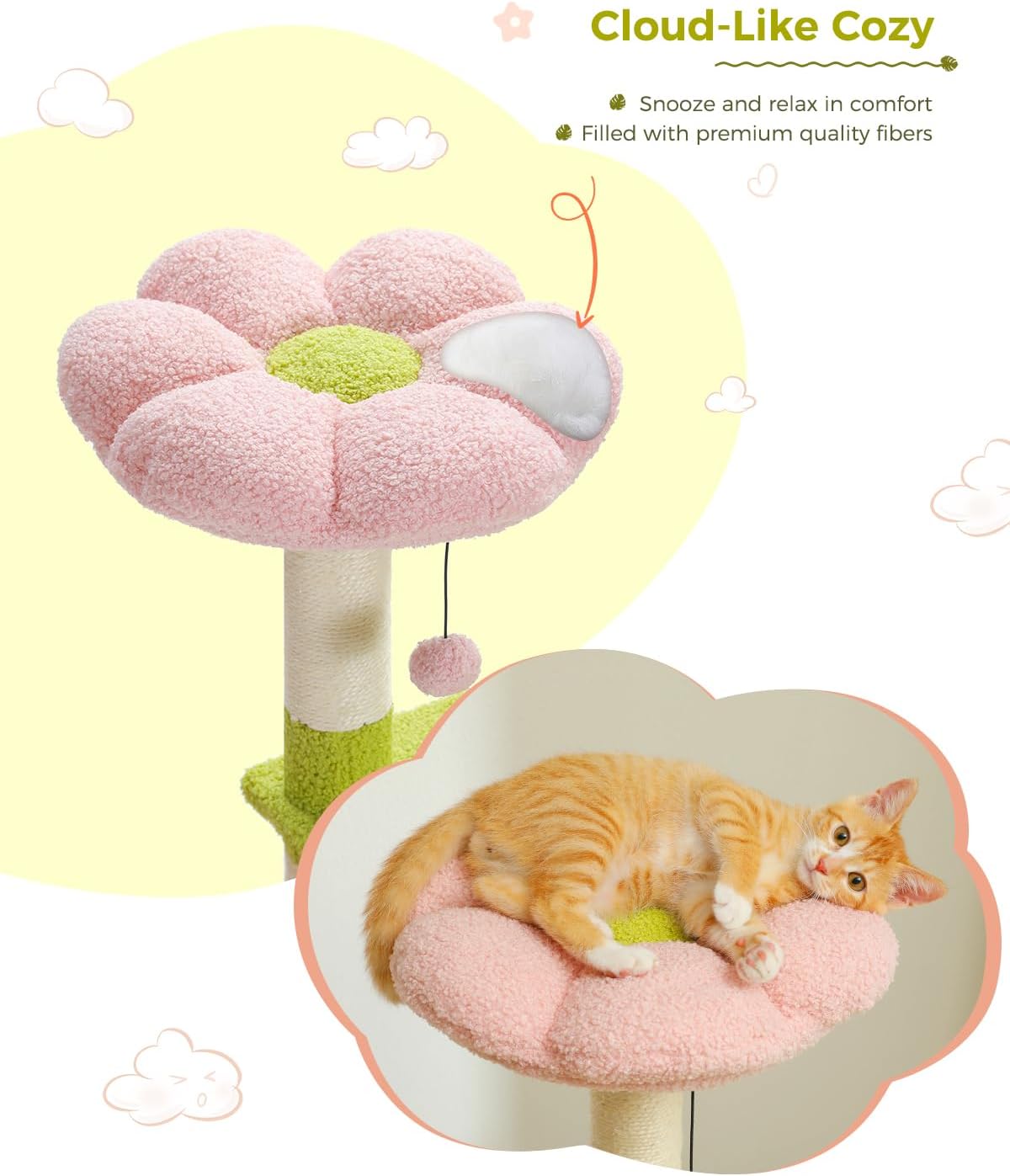 Cat tree with flower design and a cat resting on a cloud-shaped cushion, on a white background.