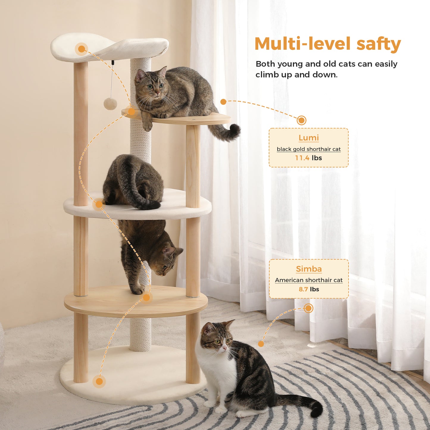 Modern Multi-Level Wooden Cat Tree Tower – 124cm Tall with Curved Perch & Sisal Scratching Post | PawzRoad Canada