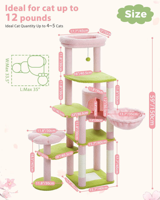 Cat tree with dimensions and size information for cats up to 12 pounds.