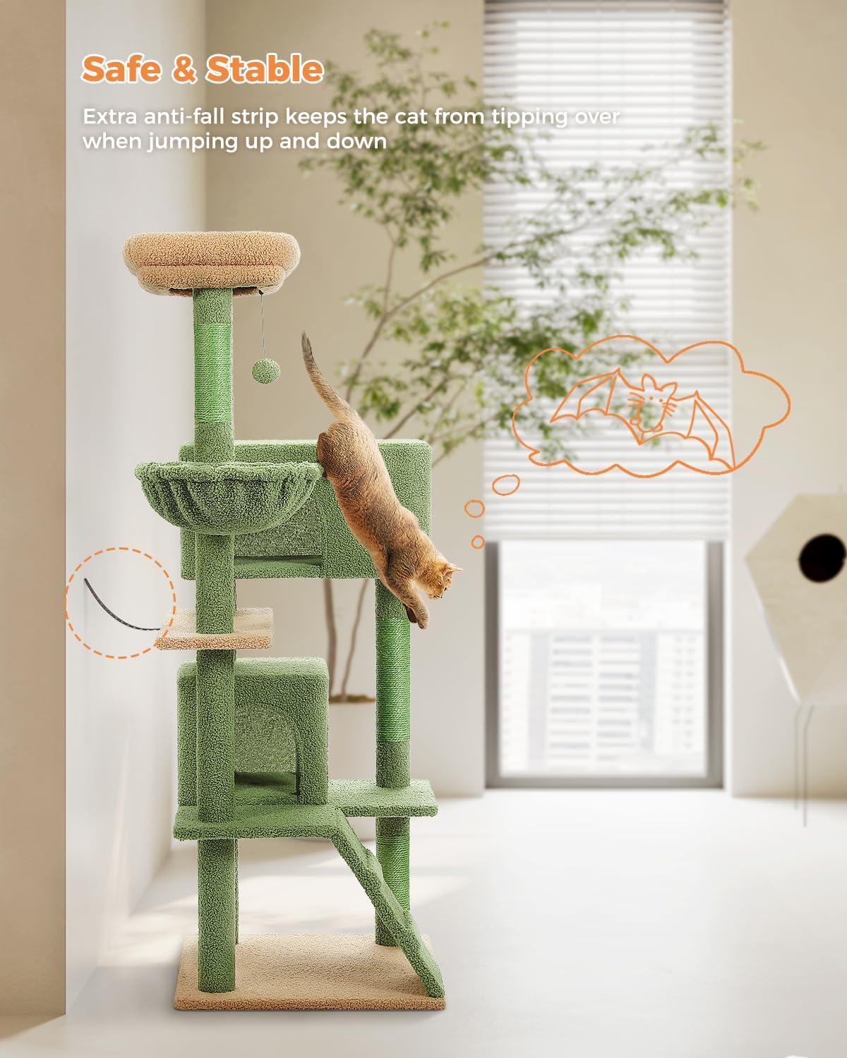 Green cat tree with a cat climbing on it, featuring text about safety and stability.