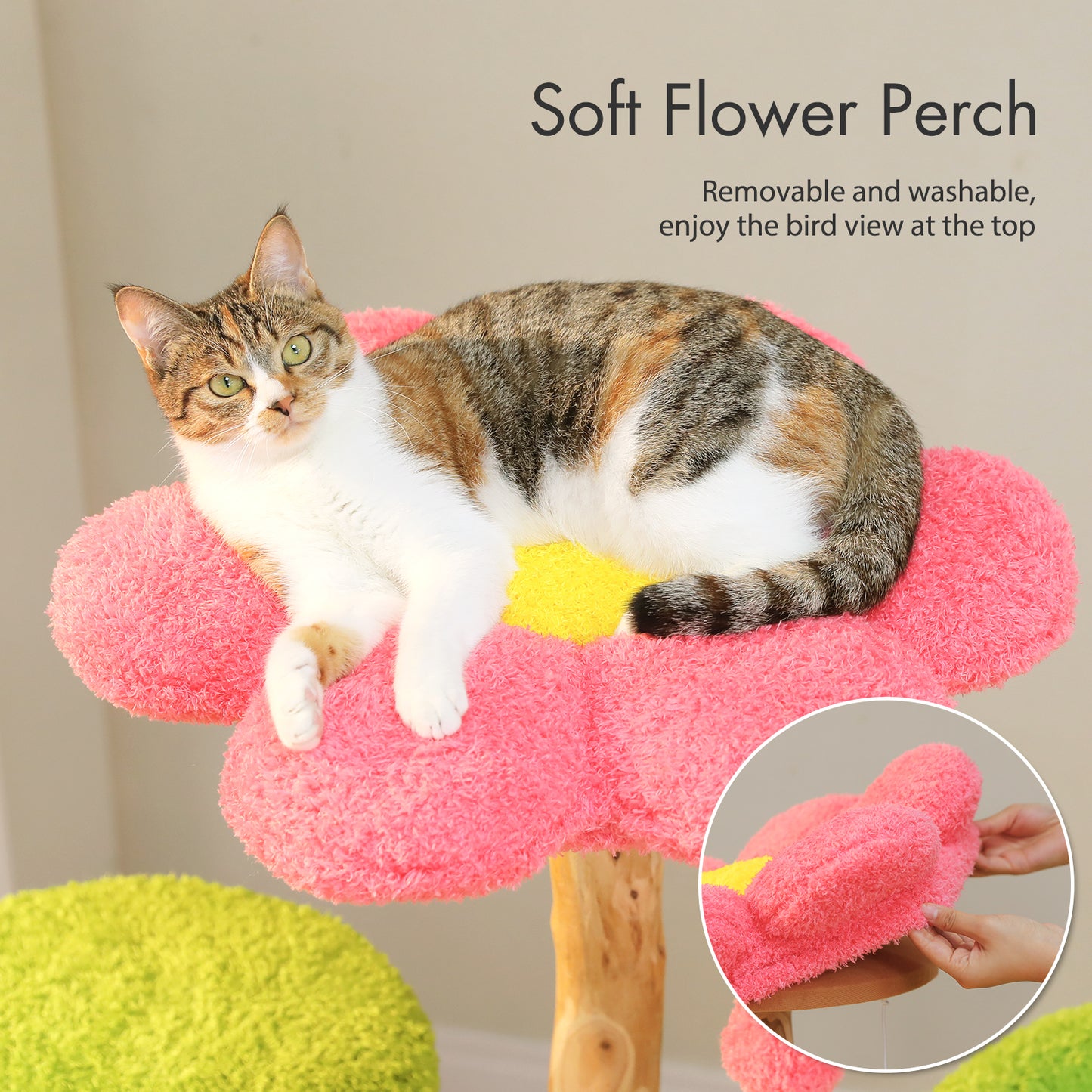 53.5 in (136 cm) Flower Cat Tree with Cat Condo, Solid Wood Scratching Posts & Washable Top Perch — for Cats up to 6.8 kg (15 lb)