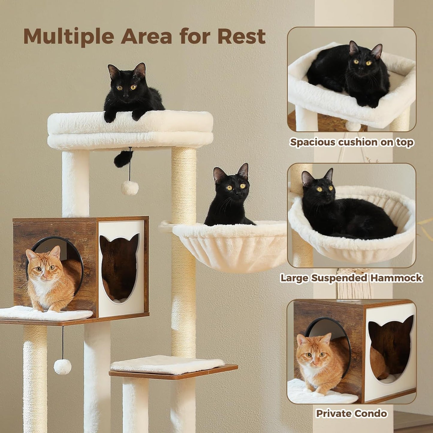 Modern Walnut Cat Tower with Hammock & Condo – 146cm Multi-Level Design