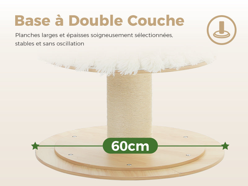 Cat tree with a double-layered base and dimensions indicated.