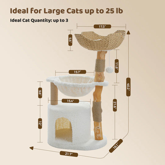 PAWZ Road Modern Cat Tree Natural Branch Cat Tower Luxury Furniture with Scratching Posts, White