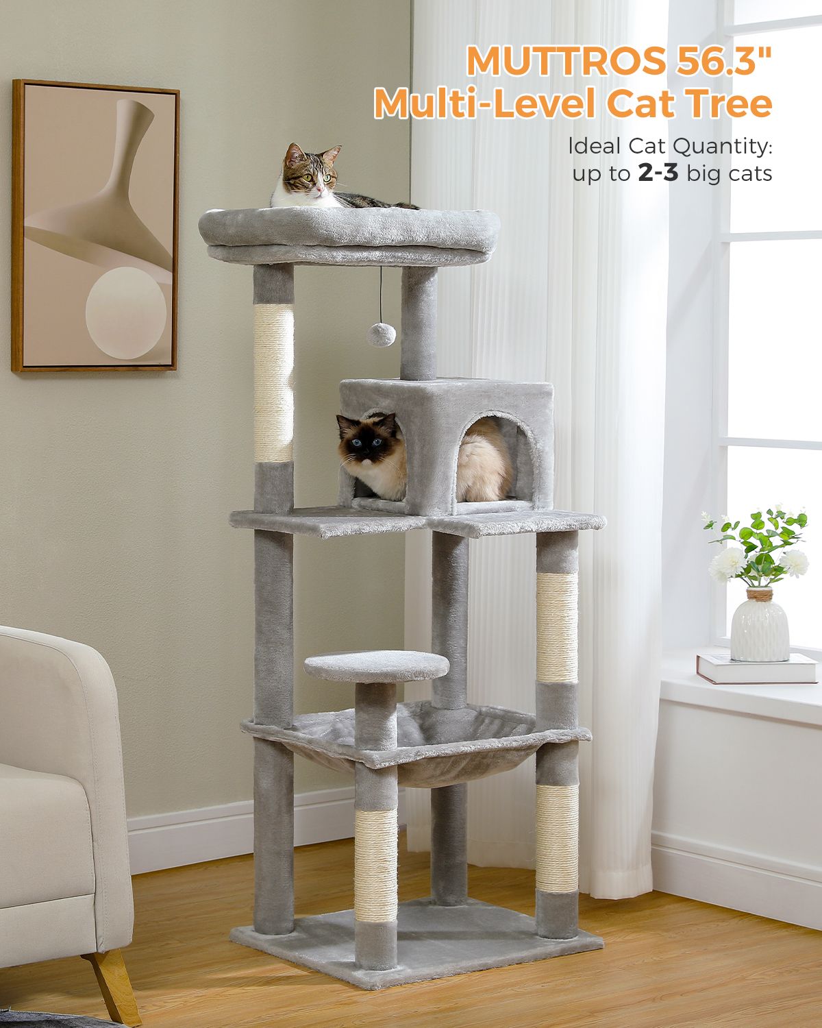 pawz road Gray multi-level cat tree with cats on each level in a room setting.