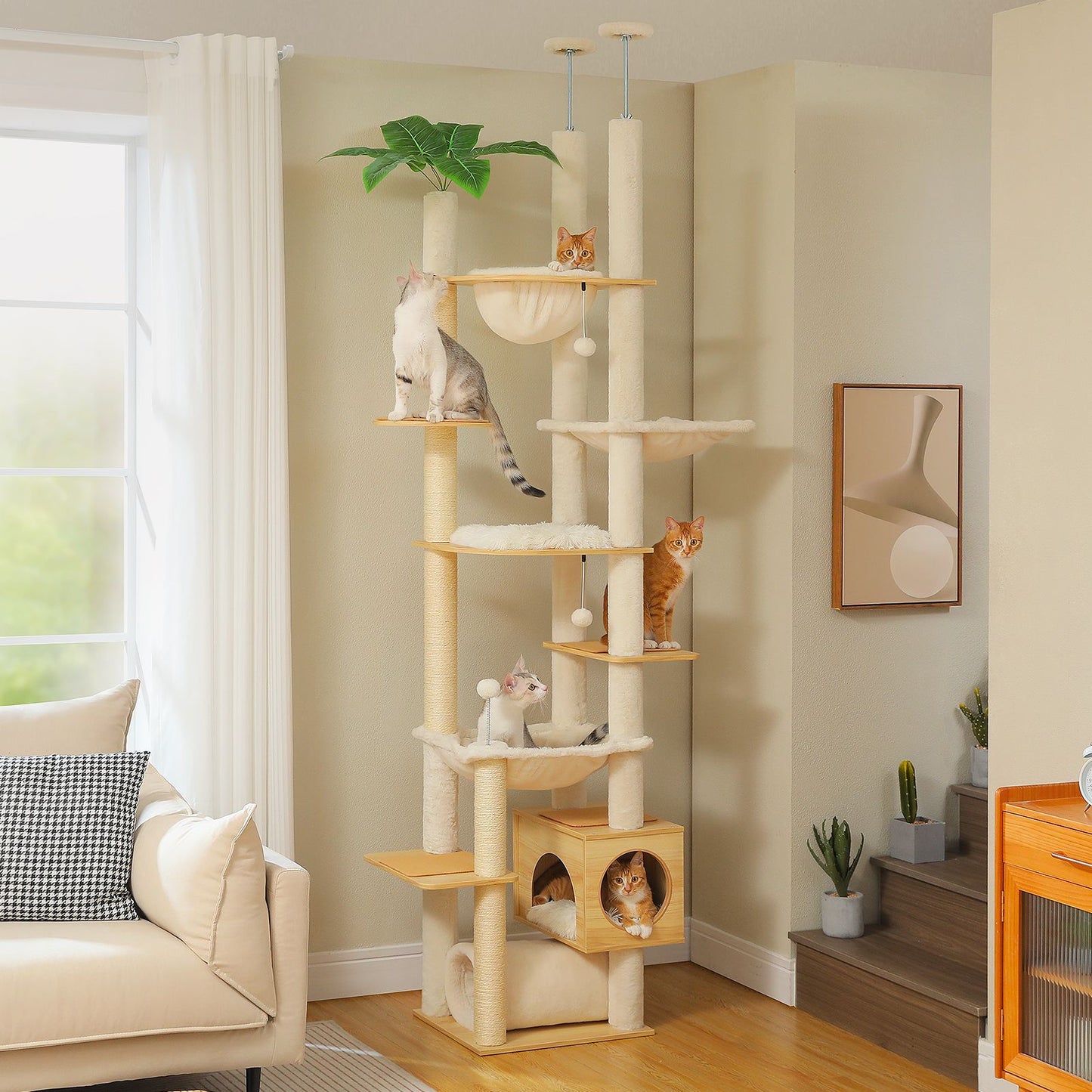 Modern Adjustable Floor-to-Ceiling Cat Tree – 237–256cm Multi-Level Tower with Acrylic Bowl, Plush Hammocks & Dual Condo House