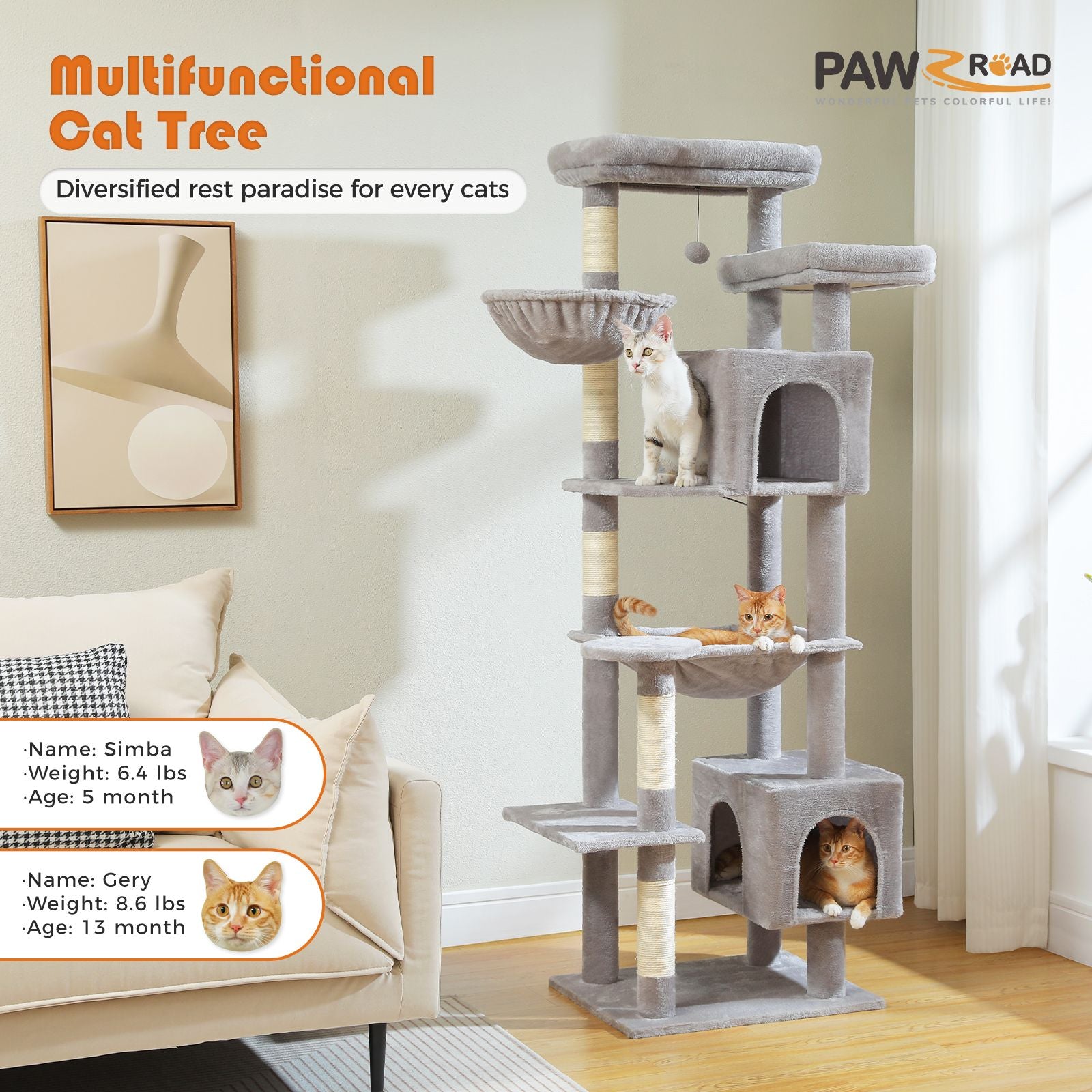 Multifunctional cat tree with cats on different levels in a living room setting, featuring PAWZROAD brand.