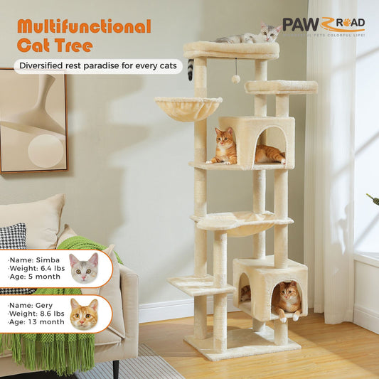 Multifunctional cat tree with cats on different levels in a living room setting, featuring the brand 'PAWROAD'.