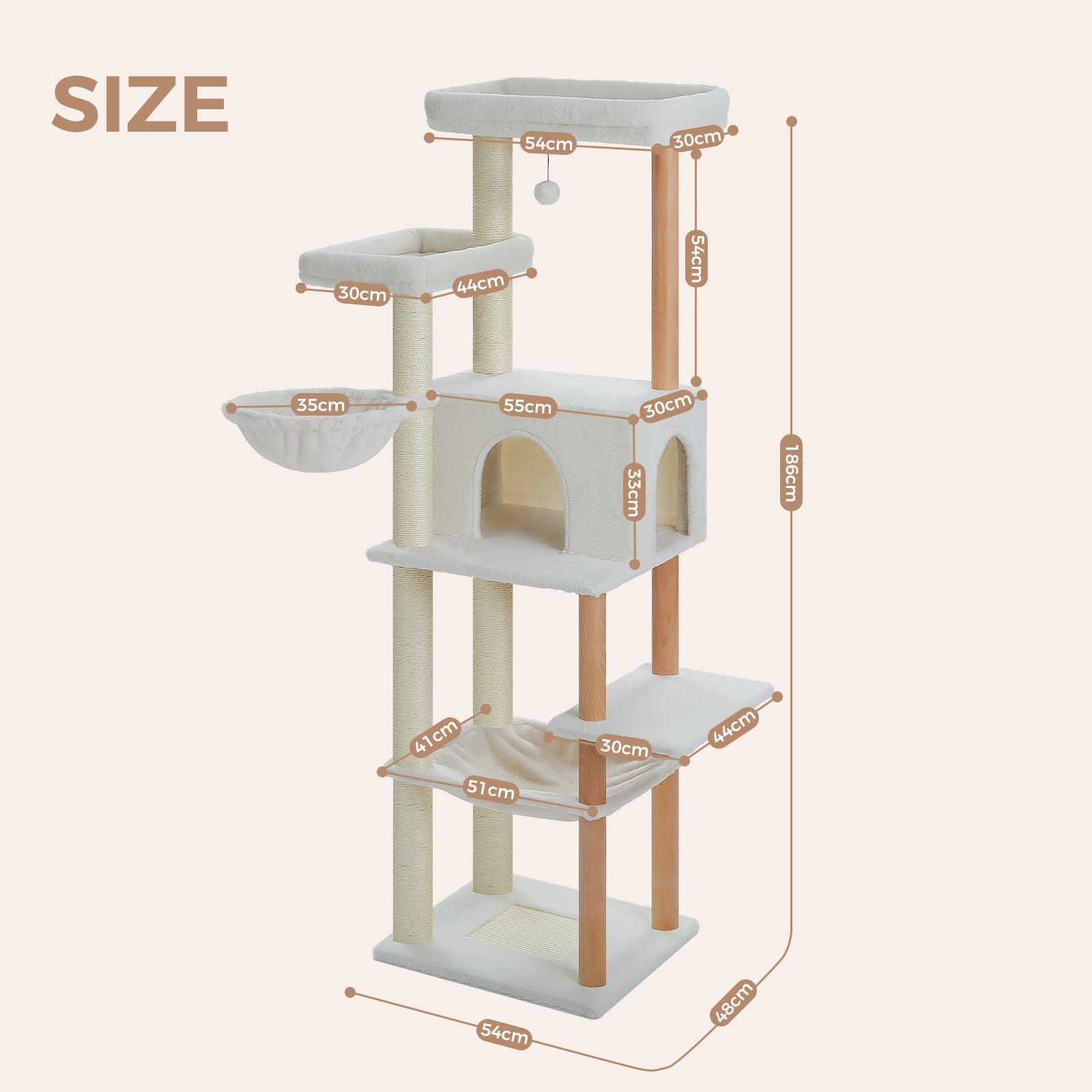 Measurement chart of a cat tree with dimensions labeled