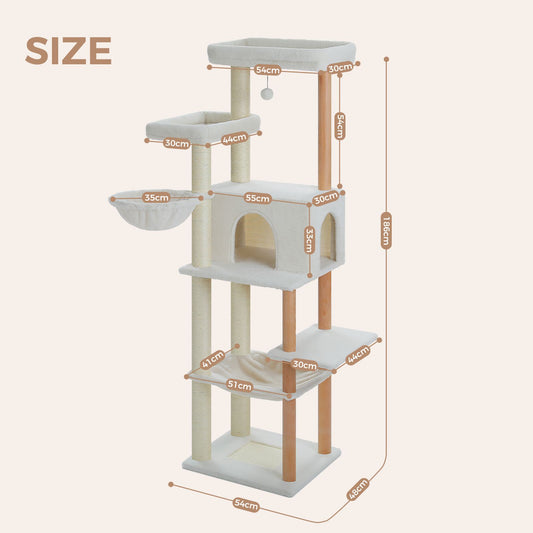Measurement chart of a cat tree with dimensions labeled