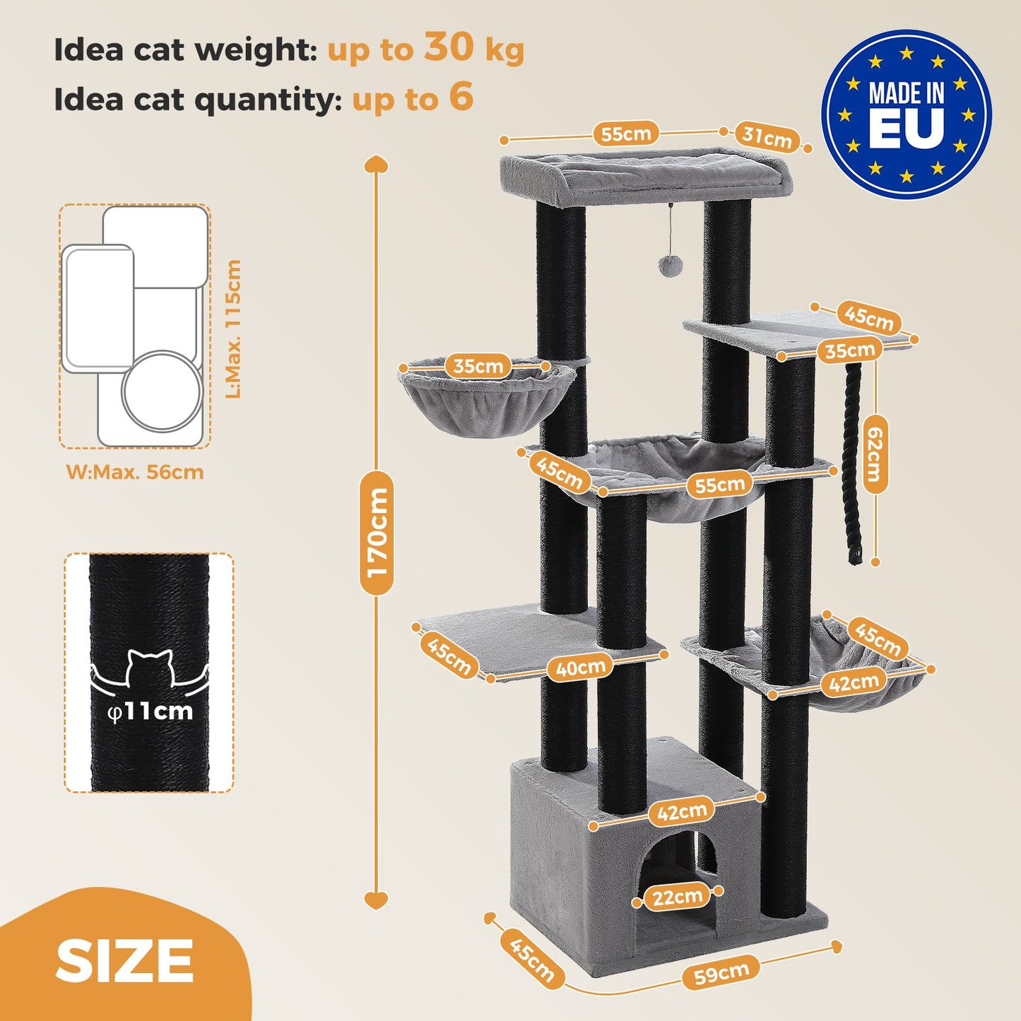 Cat tree with dimensions and features on a beige background