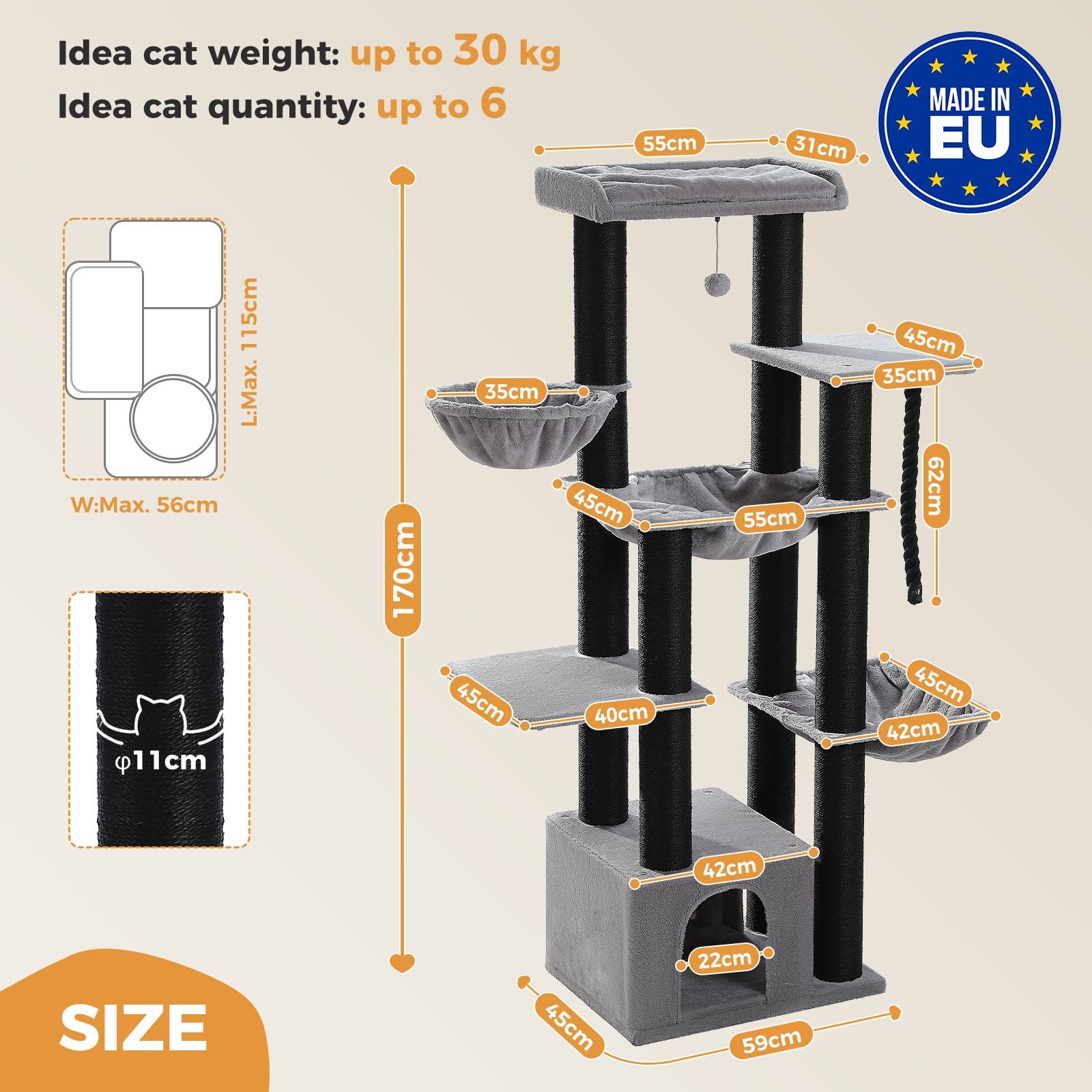 Cat tree with dimensions and features on a beige background