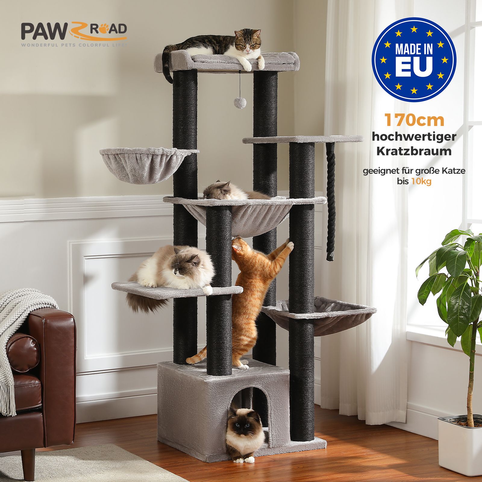 Cat tree with multiple cats on different levels in a room setting, featuring the PAWZROAD brand.