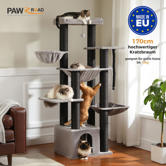 Cat tree with multiple cats on different levels in a room setting, featuring the PAWZROAD brand.
