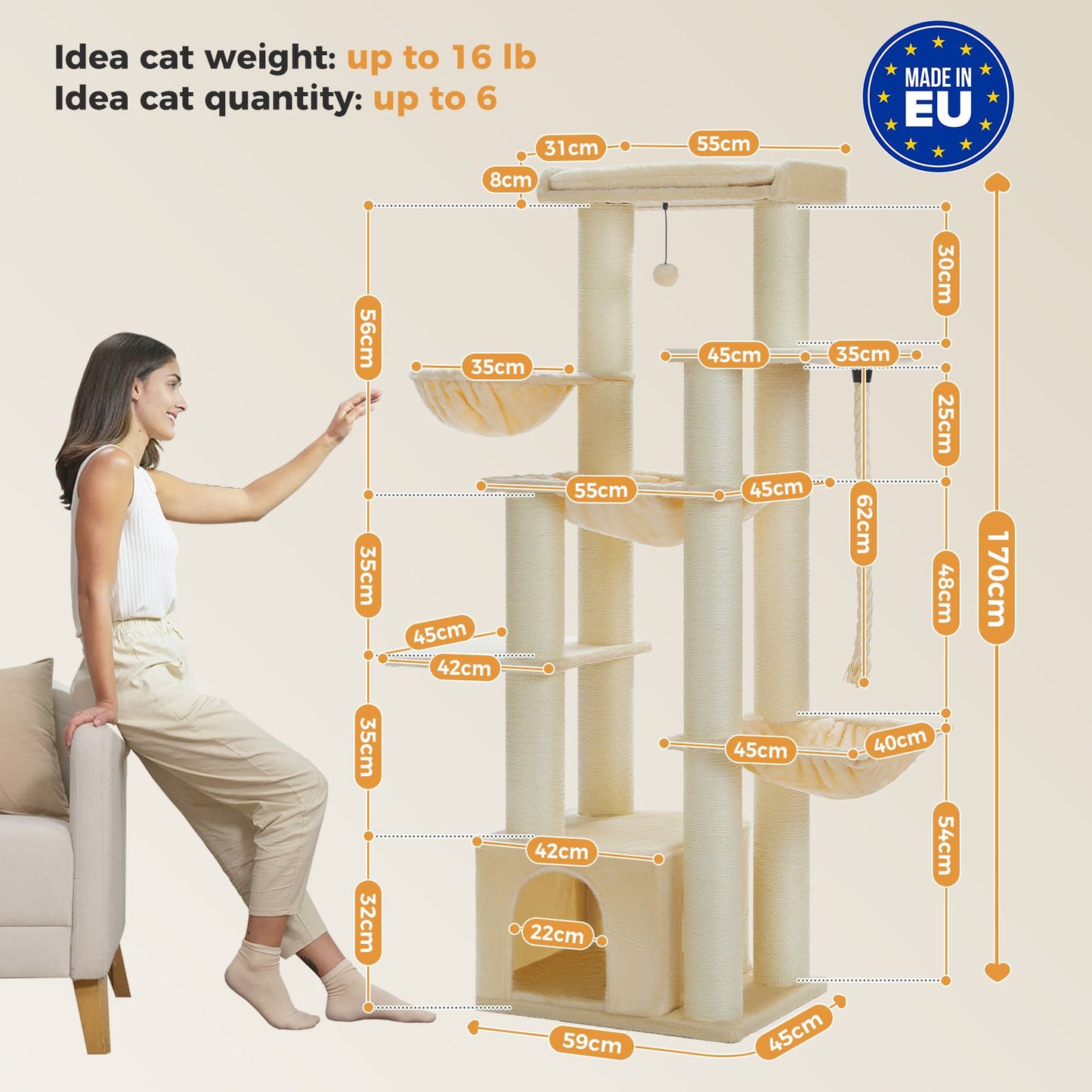 Cat tree with dimensions and a woman interacting with it, on a beige background.