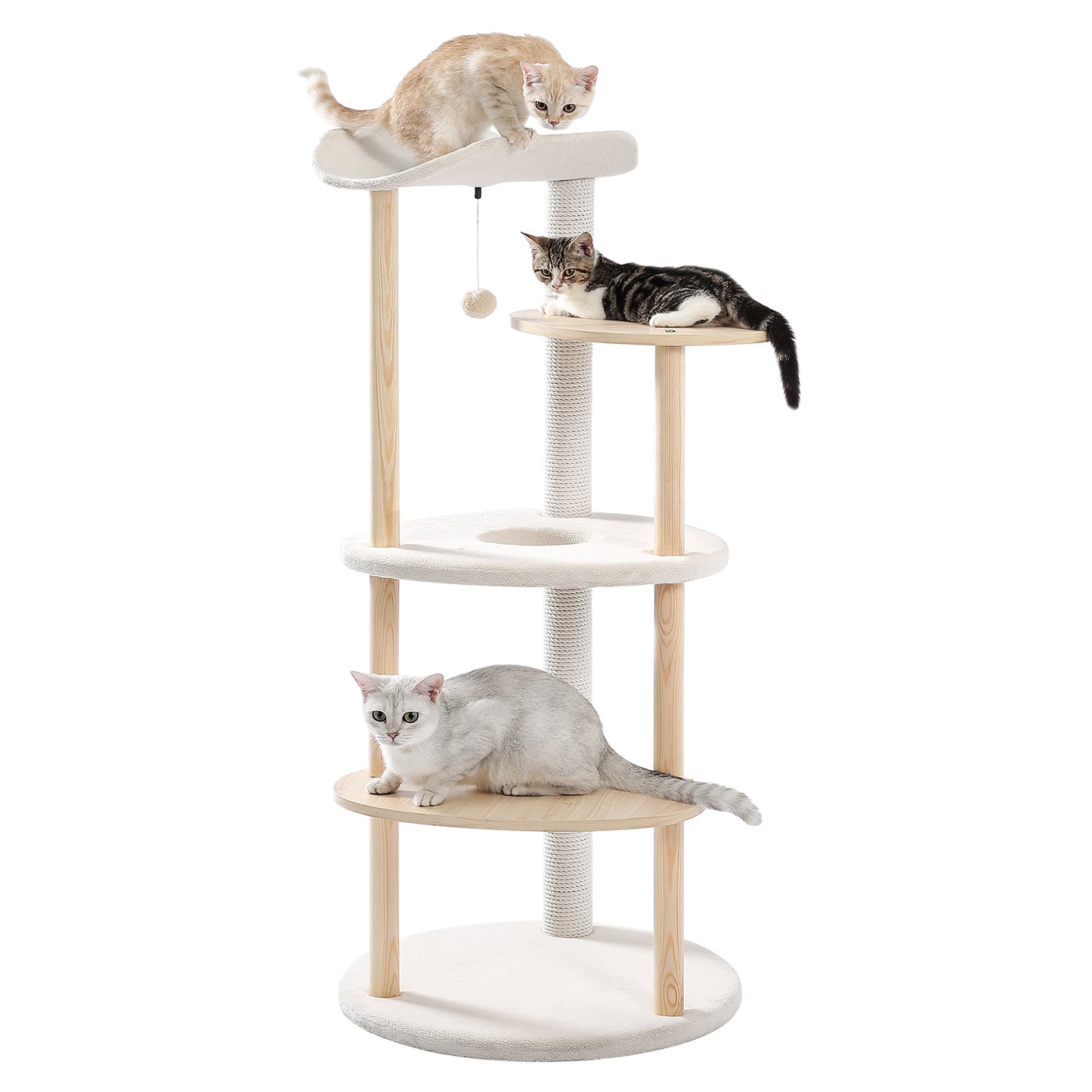 Modern Multi-Level Wooden Cat Tree Tower – 124cm Tall with Curved Perch & Sisal Scratching Post | PawzRoad Canada
