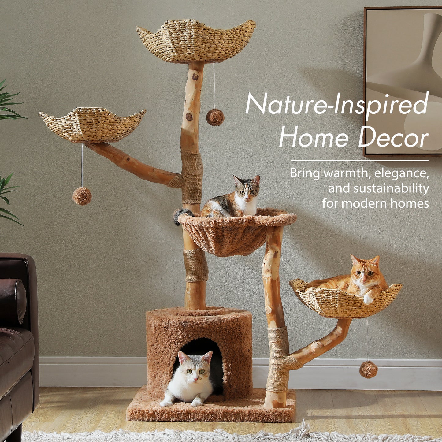 PAWZ Road Cat Tree for Indoor Cats Large Adults, 59 Inches Modern Cat Tower with 3 Large Baskets, Natural Solid Wood, Luxury Condo and Hammock, Modern Furniture for Big Cats, Brown