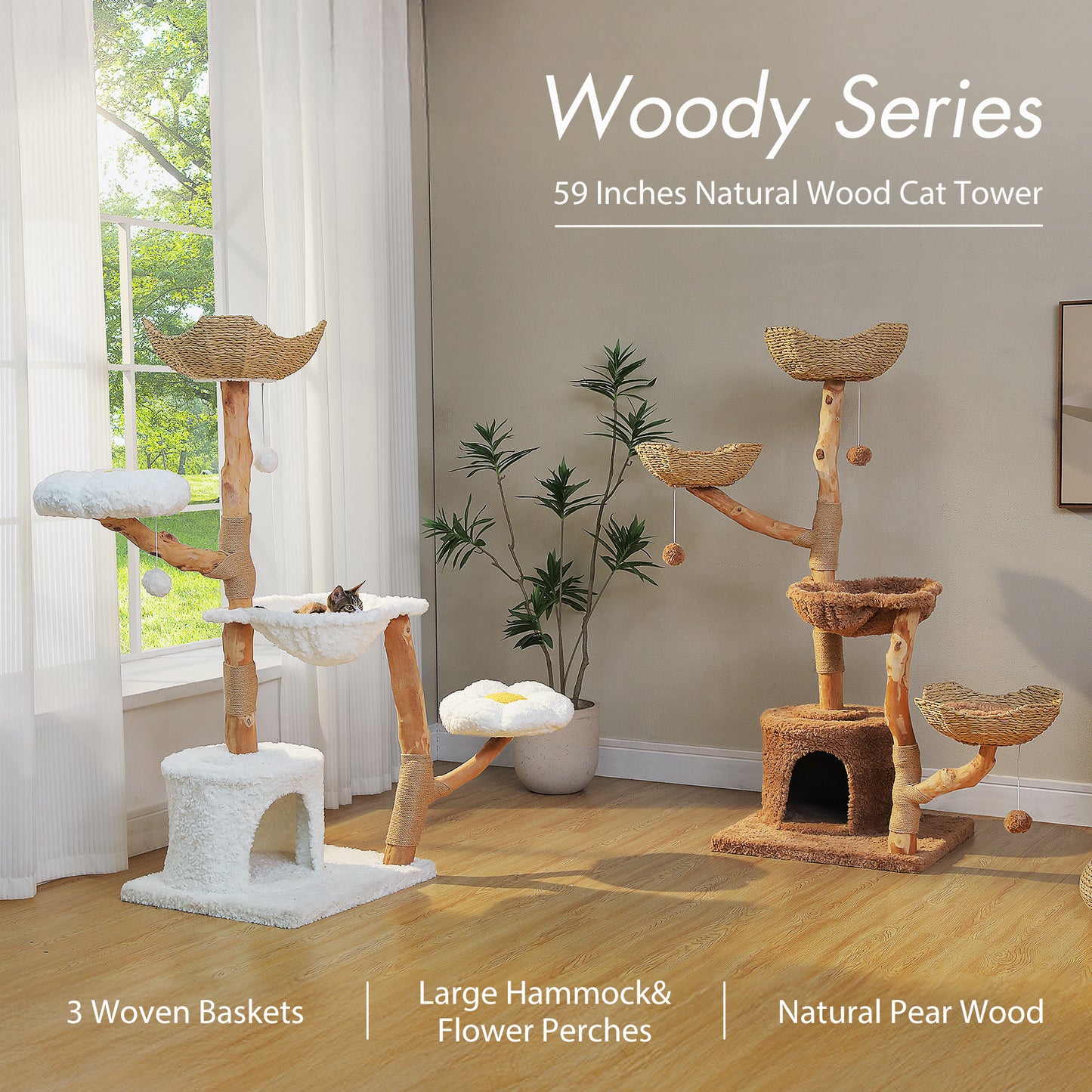 PAWZ Road Cat Tree for Indoor Cats Large Adults, 59 Inches Modern Cat Tower with 3 Large Baskets, Natural Solid Wood, Luxury Condo and Hammock, Modern Furniture for Big Cats, Brown