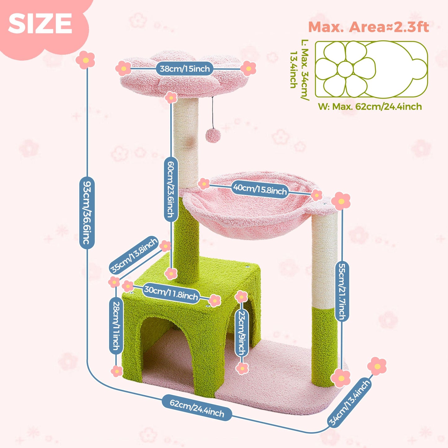 pawz road Measurement chart of a green and pink cat tree with dimensions labeled.