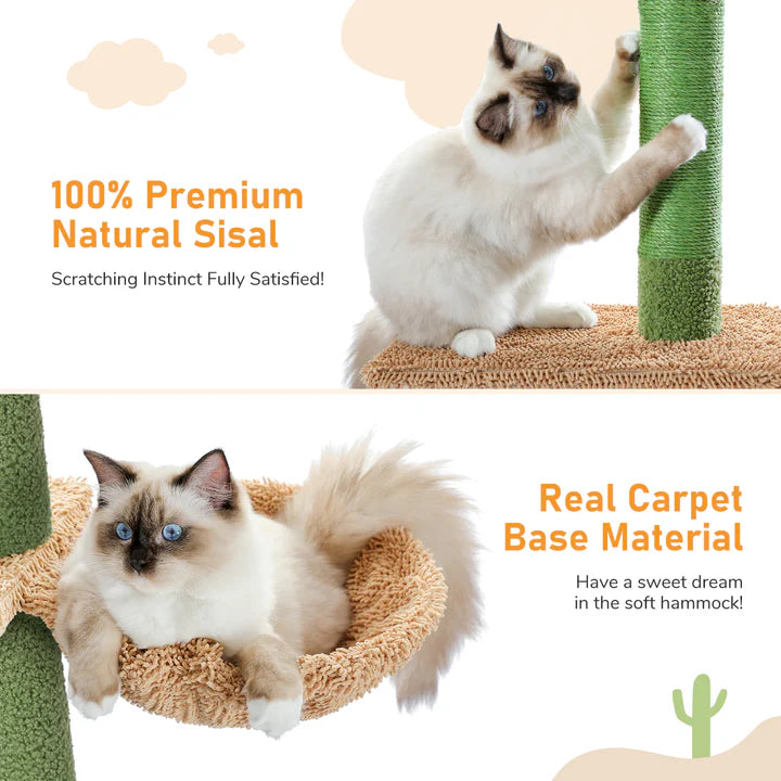 Cat using a scratching post and hammock with text about premium natural sisal and real carpet base material.