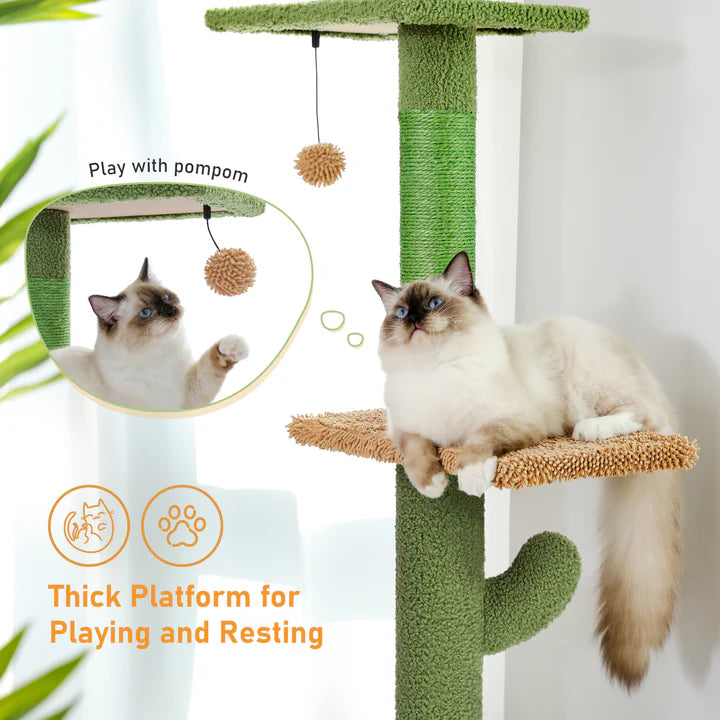 Cat tree with a cat sitting on a platform, surrounded by greenery.