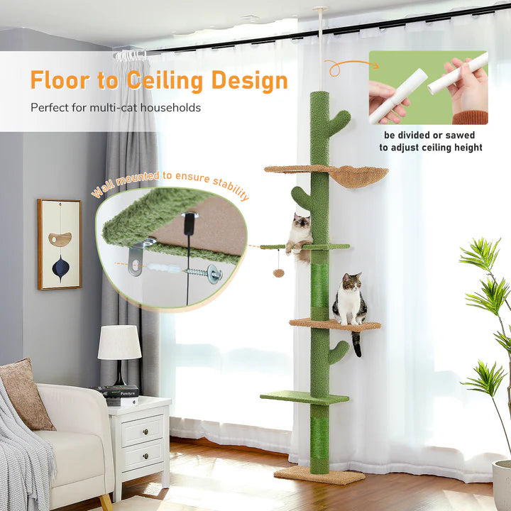 Cat tree with multiple levels and shelves in a room setting, featuring text about its design and features.