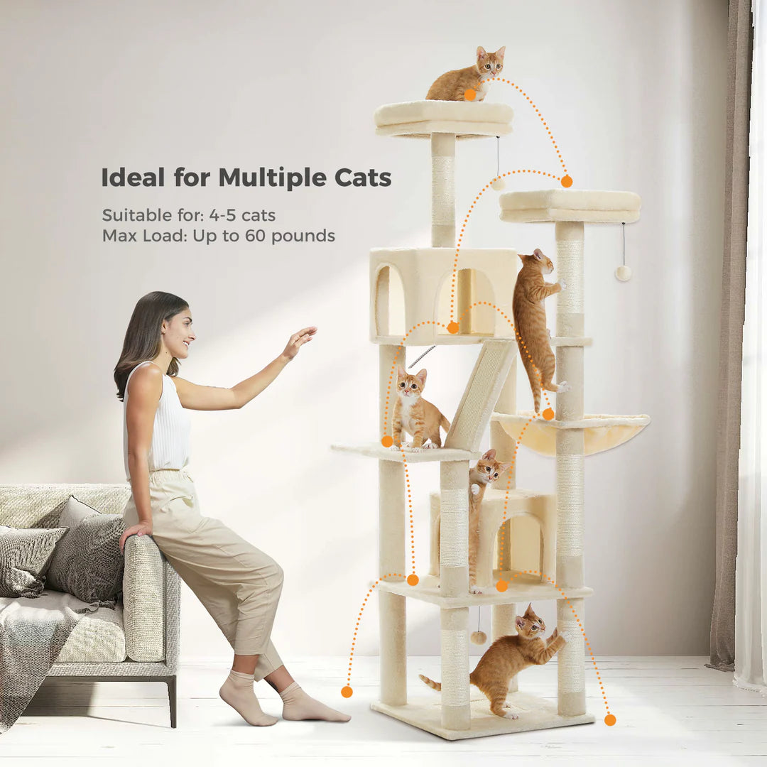 Cat tree with multiple cats on a light-colored floor, suitable for 4-5 cats.