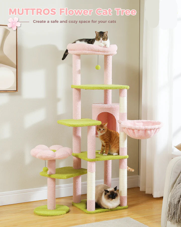 Pink and green cat tree with cats on different levels, brand 'Muttros' visible