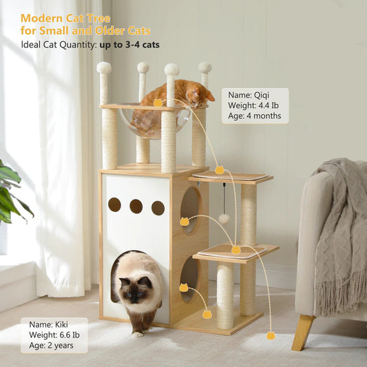 Cat tree with two cats on a light-colored floor in a room with a plant and furniture.