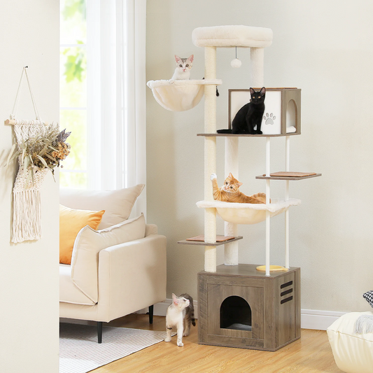 Cat tree with multiple levels and a cat sitting on each level in a living room.