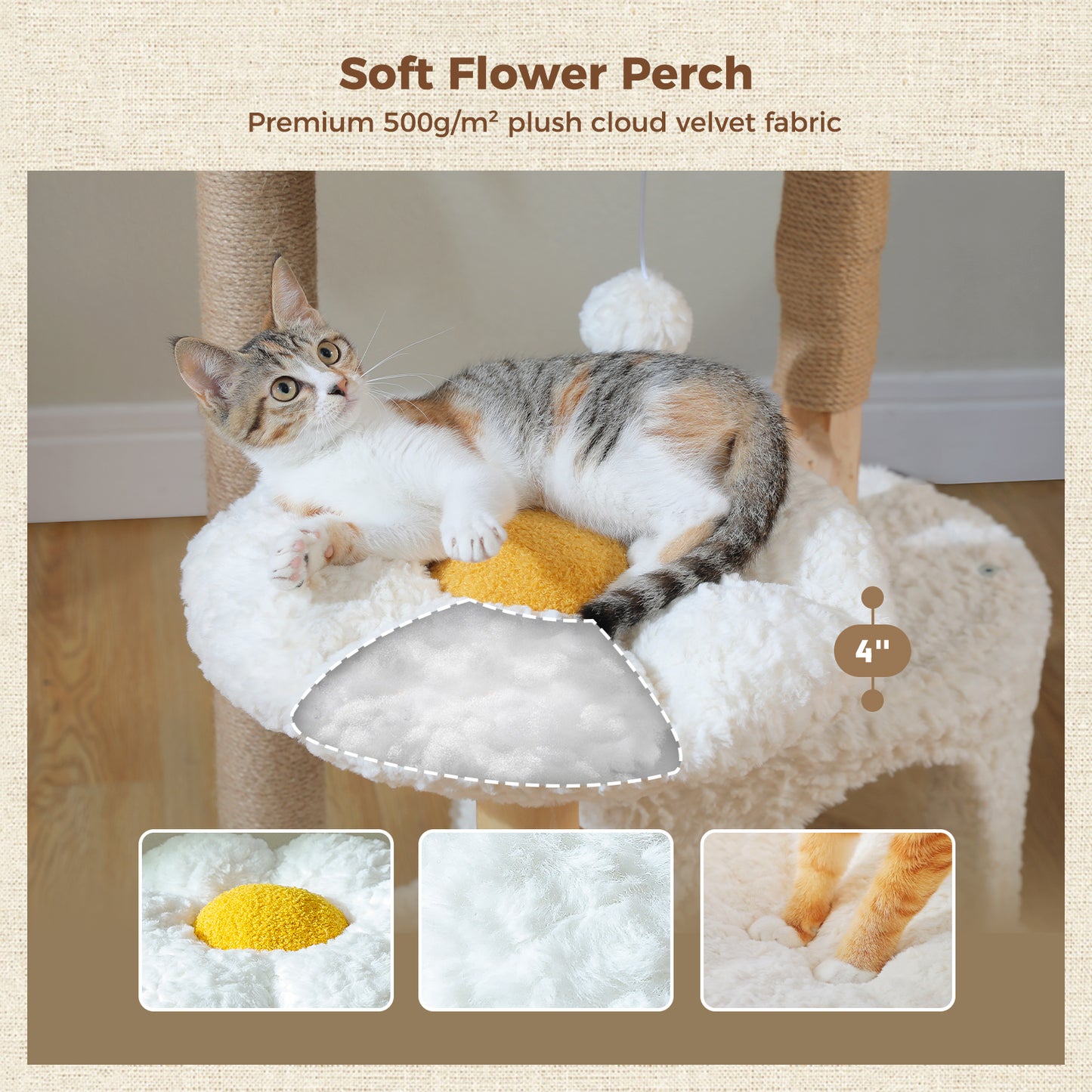 Luxury Solid Wood Cat Tree – 123cm Multi-Level Tower with Rattan Perch, Plush Flower Platforms & Spacious Condo