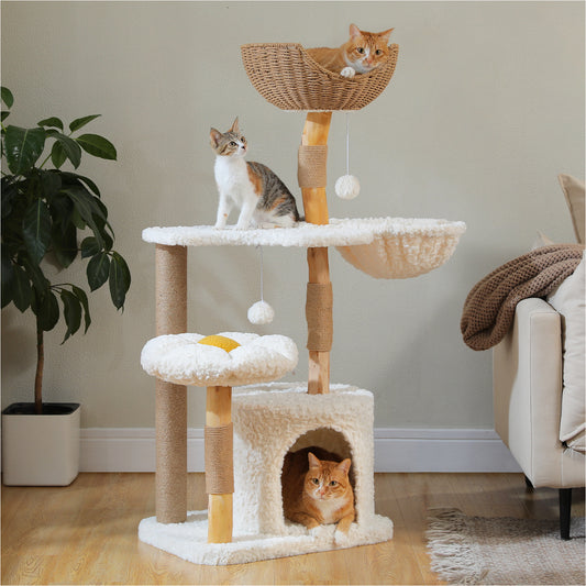 Luxury Solid Wood Cat Tree – 123cm Multi-Level Tower with Rattan Perch, Plush Flower Platforms & Spacious Condo