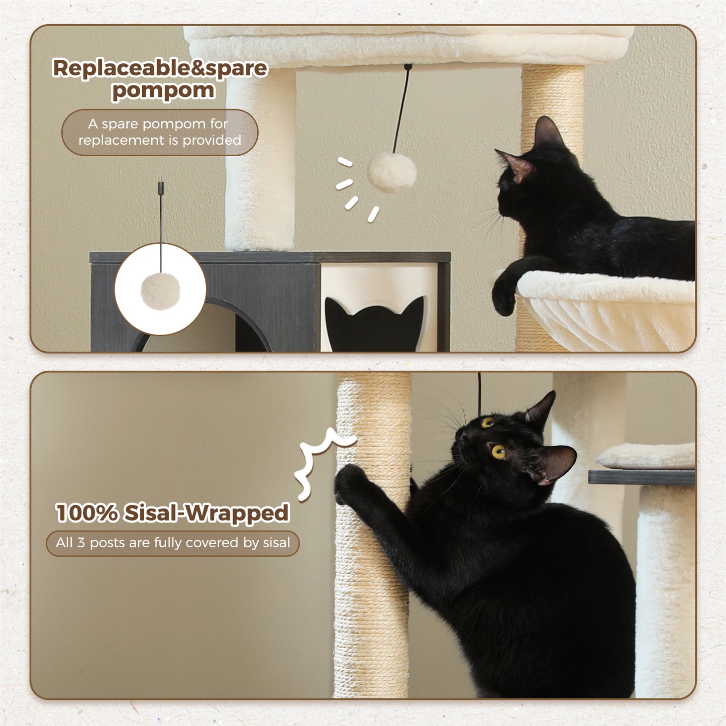 PawzRoad Modern Black Cat Tower with Condo & Hammock – Multi-Level Sisal Scratching Tree