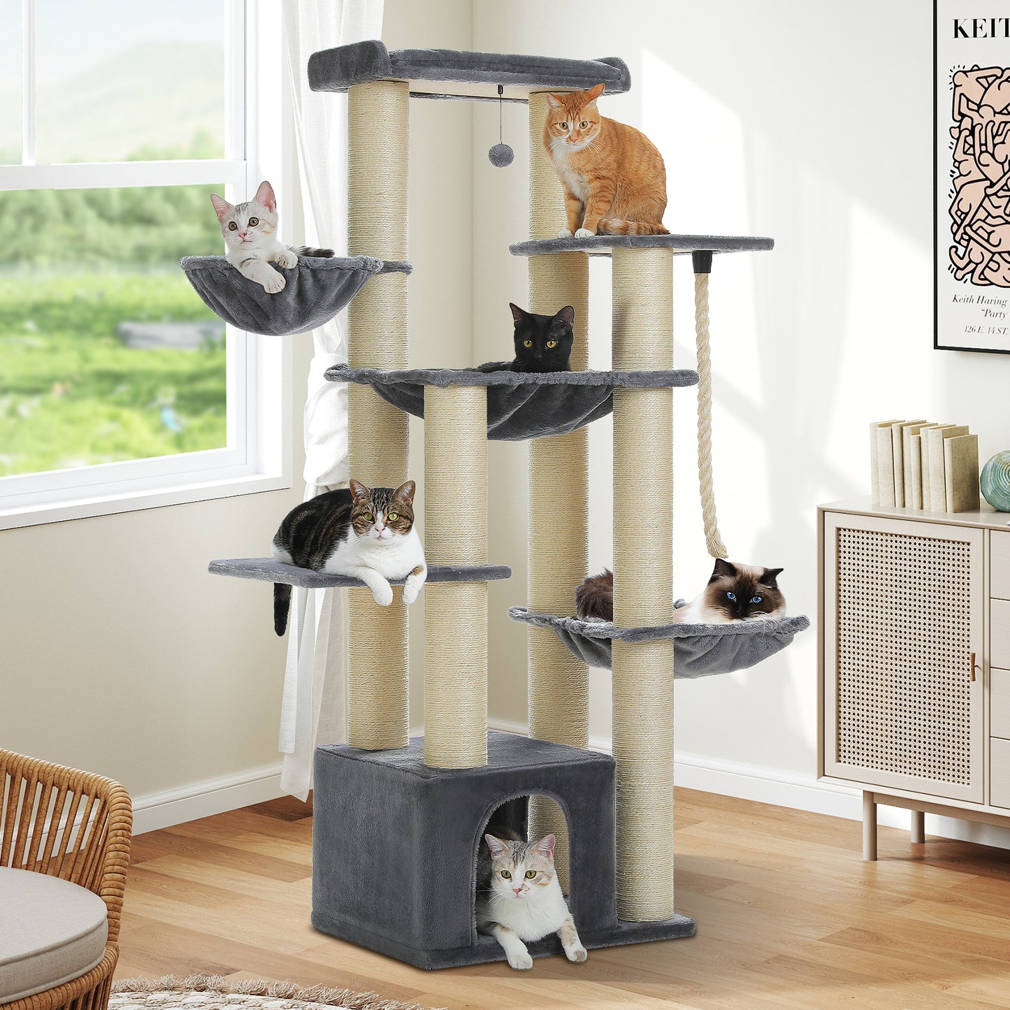 PawzRoad 169cm Multi-Level Cat Tree for Large Cats – Extra Thick Posts, XL Hammocks & Condo – Grey