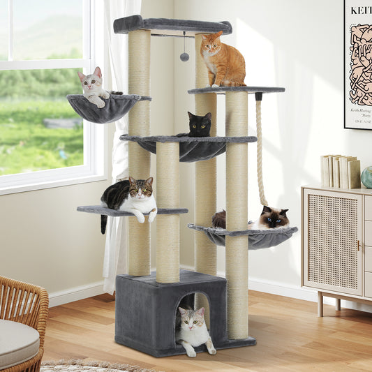PawzRoad 169cm Multi-Level Cat Tree for Large Cats – Extra Thick Posts, XL Hammocks & Condo – Grey