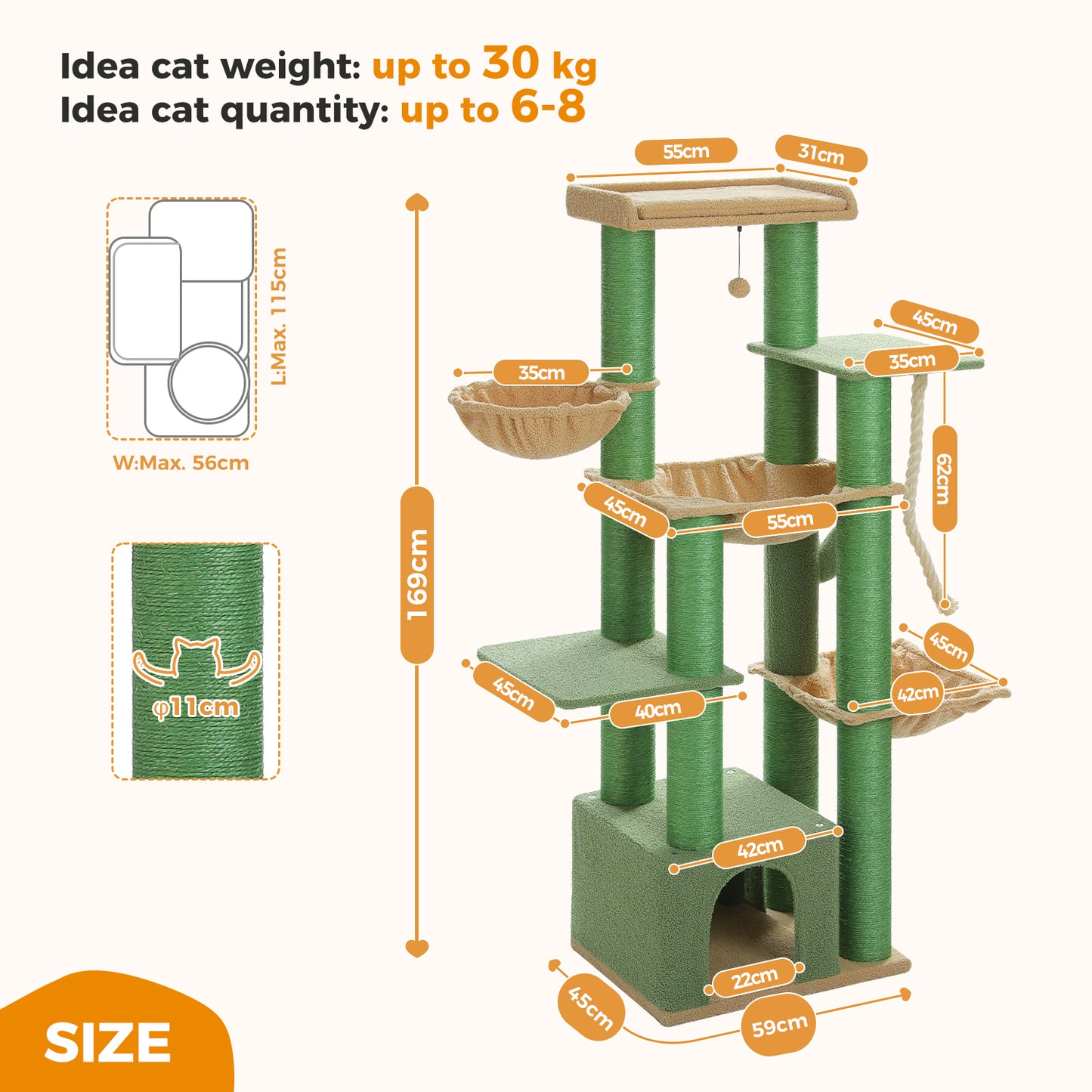 169cm Extra-Large Multi-Level Cat Tower – Heavy-Duty Design for 6–8 Cats with XL Hammocks, Condo & Thick 11cm Scratching Posts