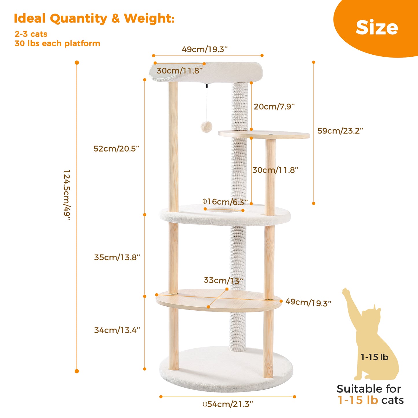 Modern Multi-Level Wooden Cat Tree Tower – 124cm Tall with Curved Perch & Sisal Scratching Post | PawzRoad Canada