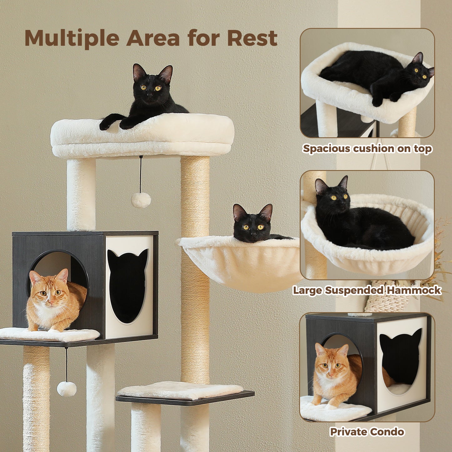 PawzRoad Modern Black Cat Tower with Condo & Hammock – Multi-Level Sisal Scratching Tree