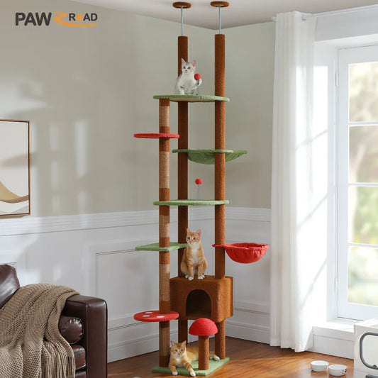 PAWZ Road Mushroom Cat Tree, Adjustable Floor-to-Ceiling Cat Tower (90.5"-100.4") with Cat Condo, Cozy Hammock, and Scratching Post, Tall Activity Tree for Indoor Cats, Brown