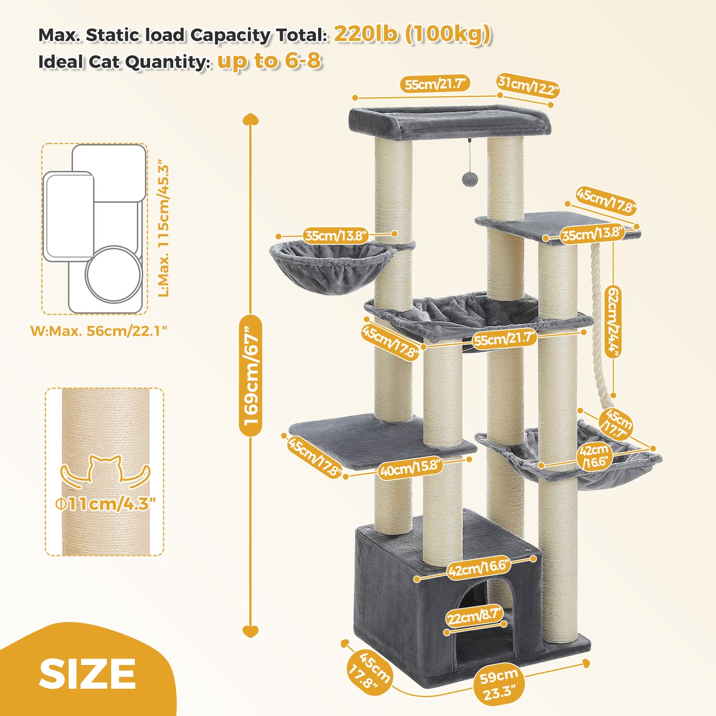 PawzRoad 169cm Multi-Level Cat Tree for Large Cats – Extra Thick Posts, XL Hammocks & Condo – Grey