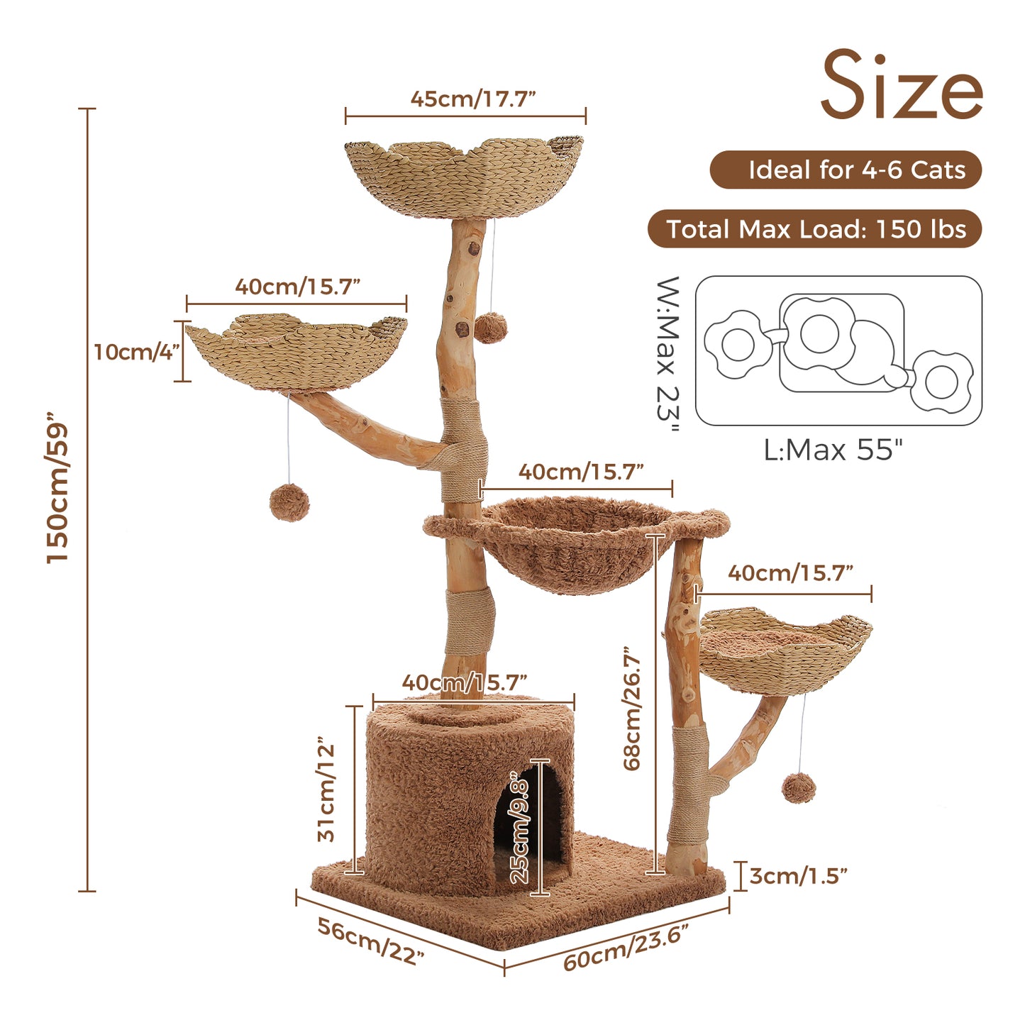 PAWZ Road Cat Tree for Indoor Cats Large Adults, 59 Inches Modern Cat Tower with 3 Large Baskets, Natural Solid Wood, Luxury Condo and Hammock, Modern Furniture for Big Cats, Brown