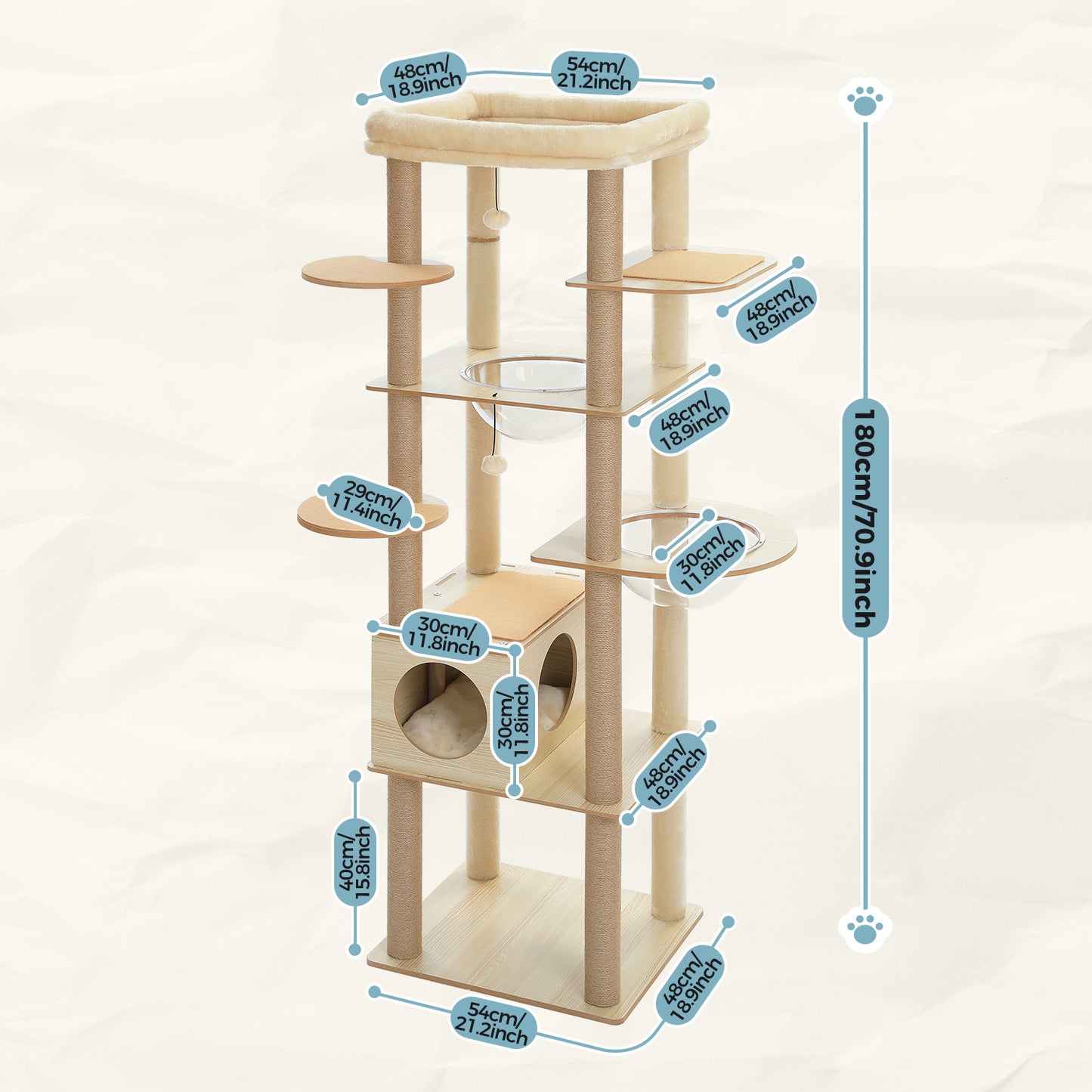 Modern 180cm Multi-Level Wooden Cat Tree with Acrylic Lounges & Extra-Large Top Cushion