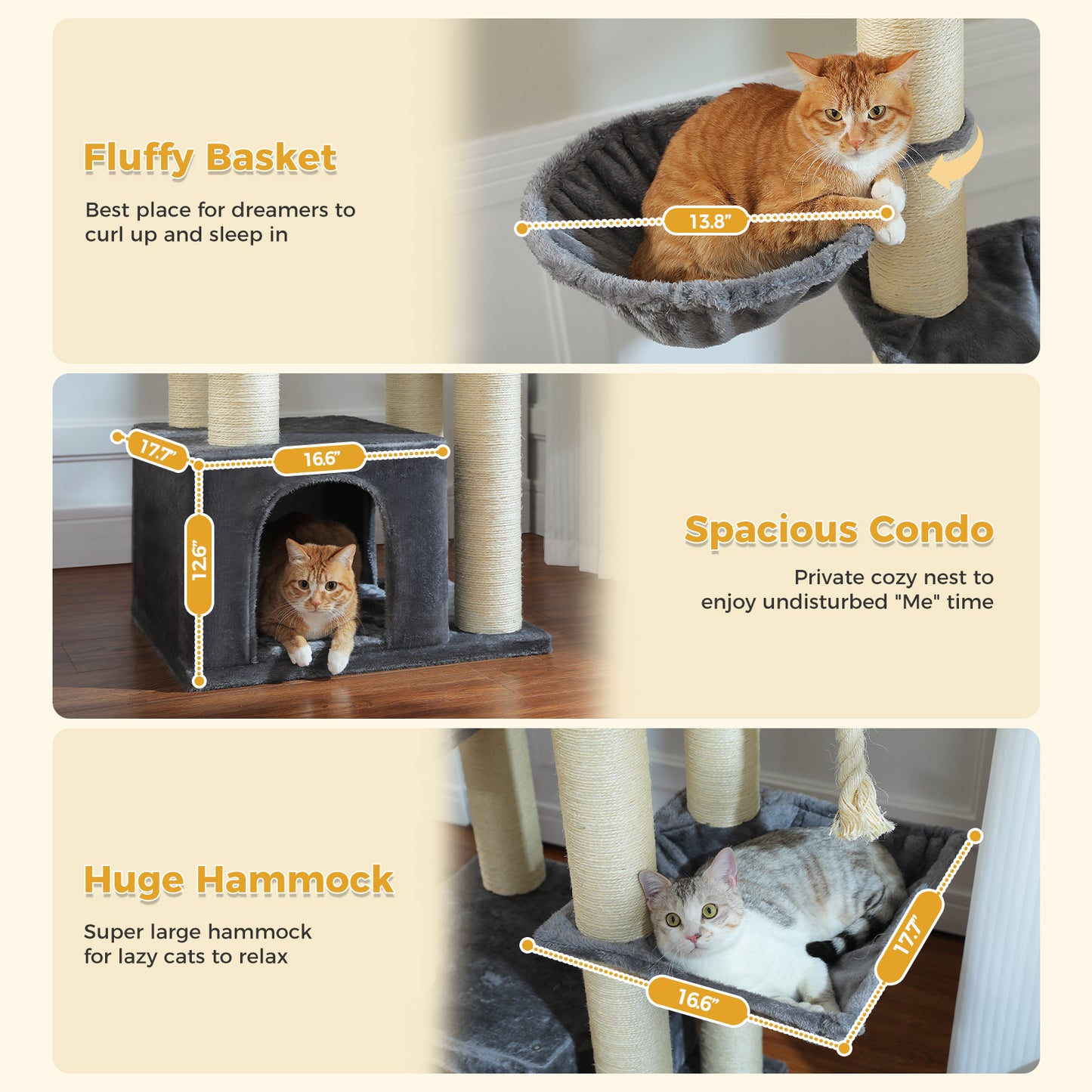 PawzRoad 169cm Multi-Level Cat Tree for Large Cats – Extra Thick Posts, XL Hammocks & Condo – Grey