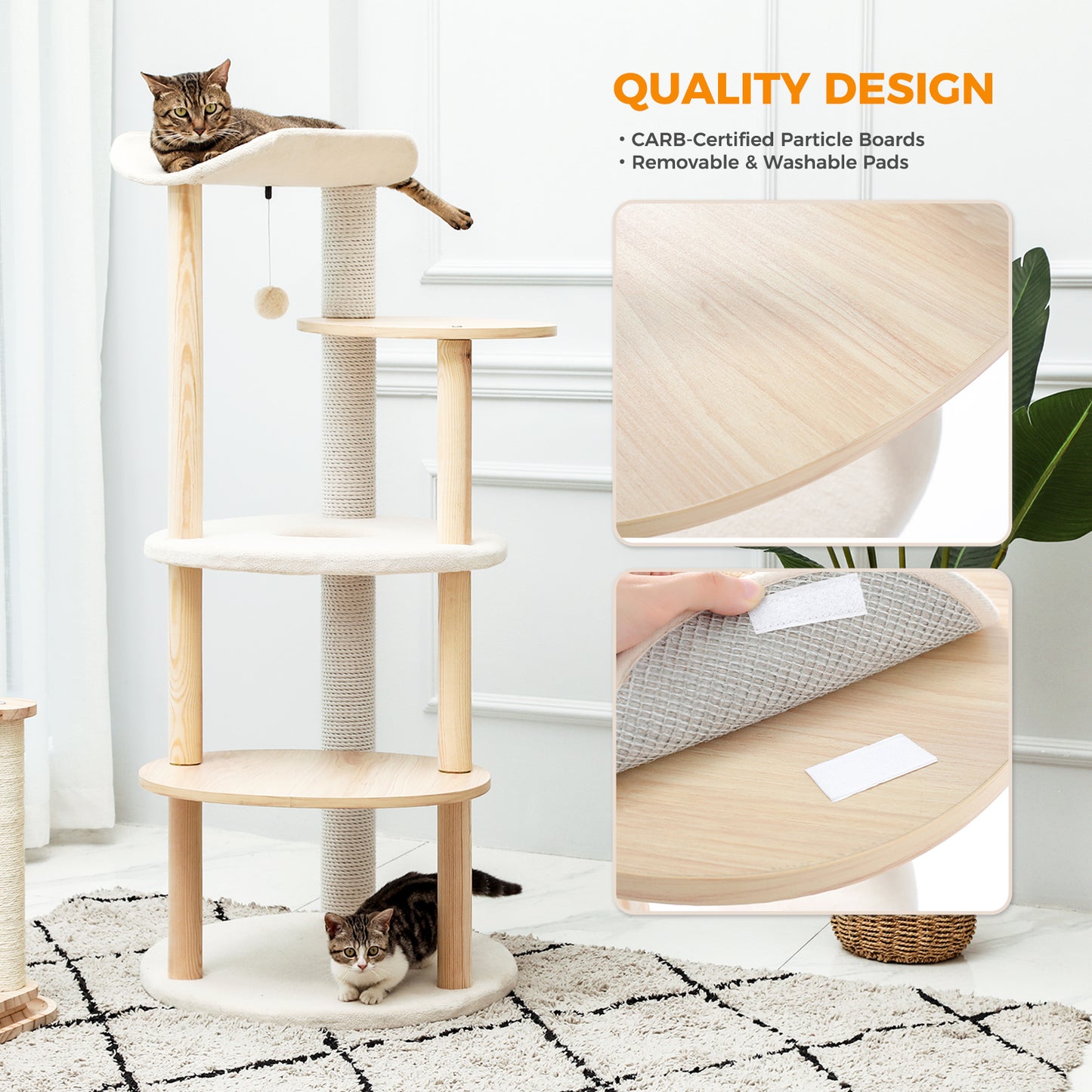 Modern Multi-Level Wooden Cat Tree Tower – 124cm Tall with Curved Perch & Sisal Scratching Post | PawzRoad Canada