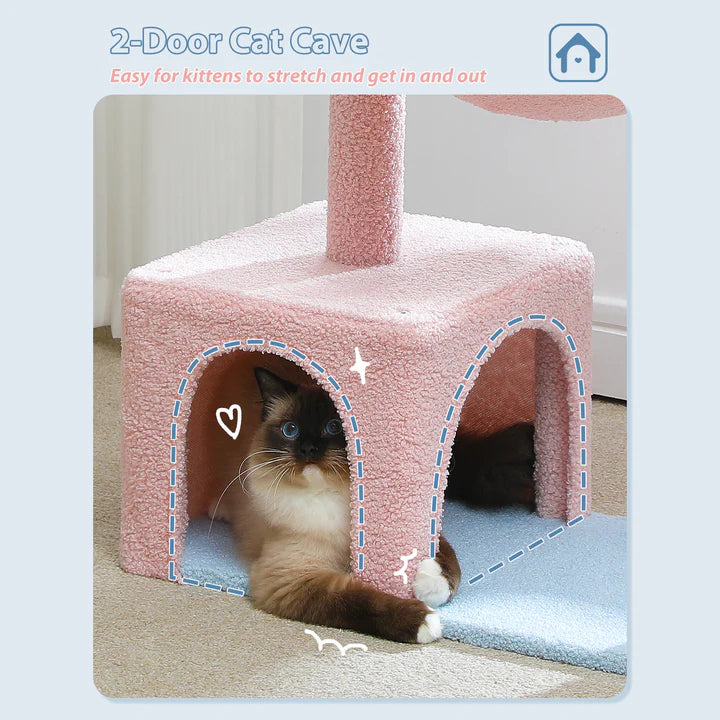pawz road Pink 2-door cat cave with a cat inside on a light blue background