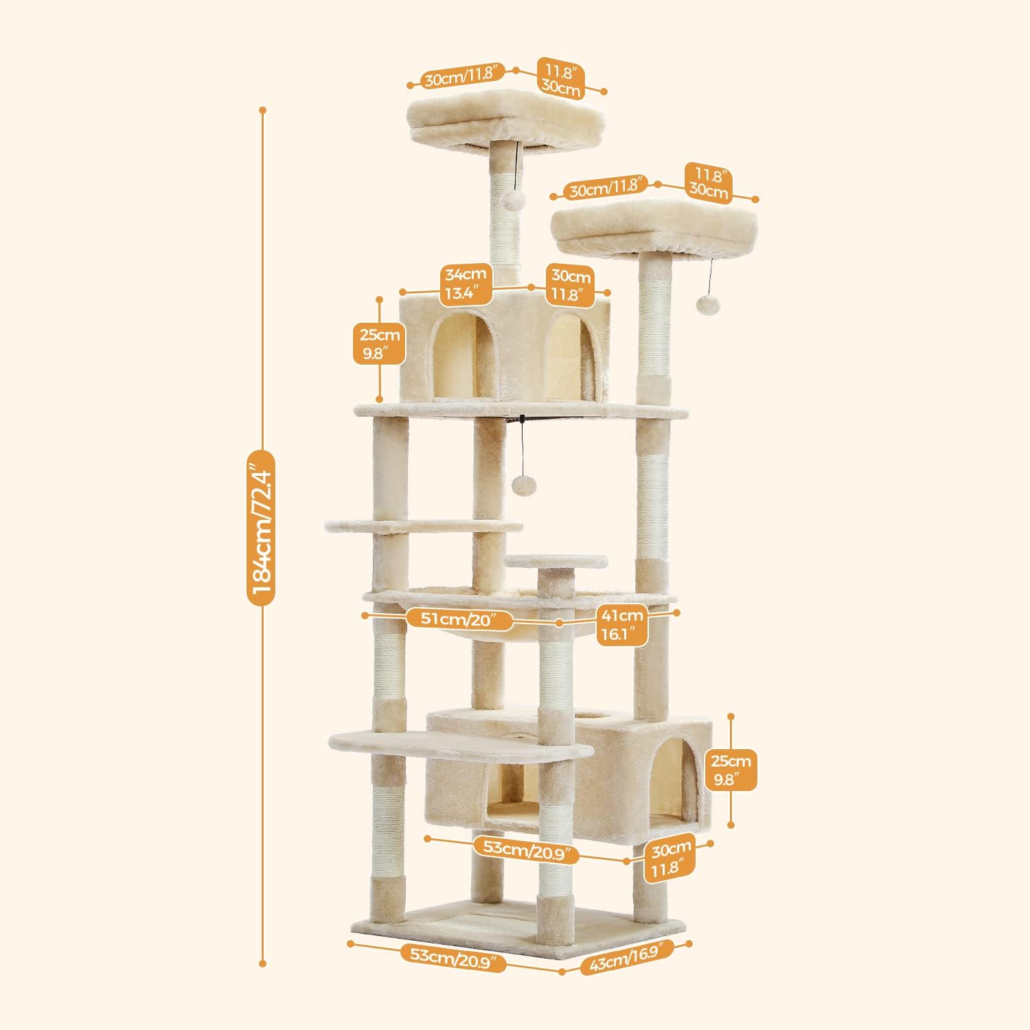 Cat tree with dimensions labeled on a white background