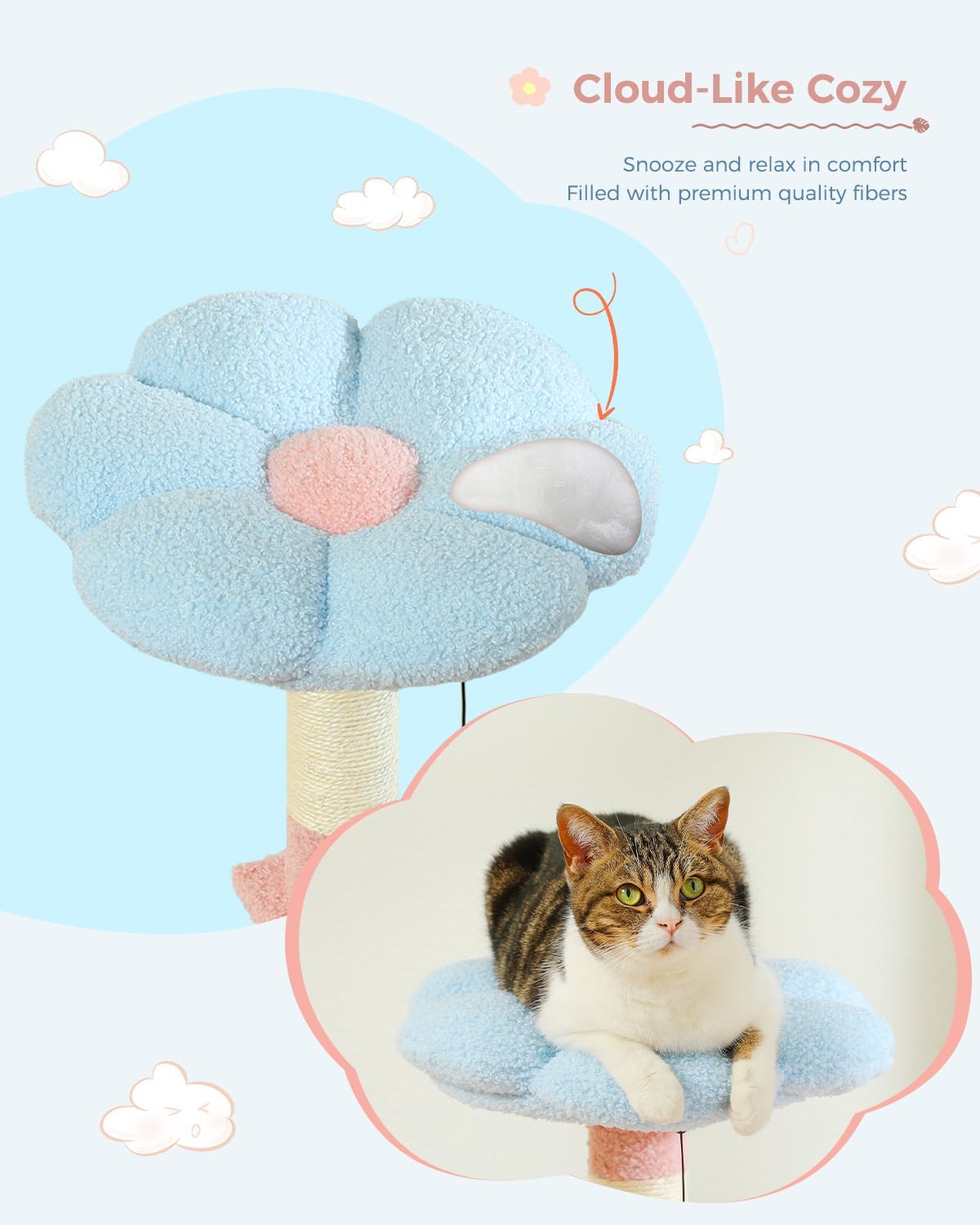 Cat lounging on a cloud-like cozy pet bed with a scratching post, set against a light blue background.