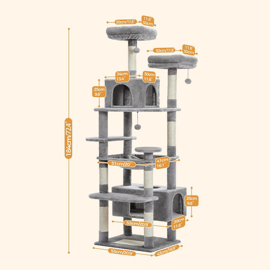 Gray cat tree with dimensions labeled on a white background